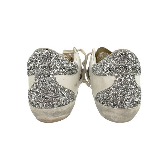 GOLDEN GOOSE Super-Star Silver Glitter Sneakers in Silver, White, & Taupe 37 - Picture 6 of 14